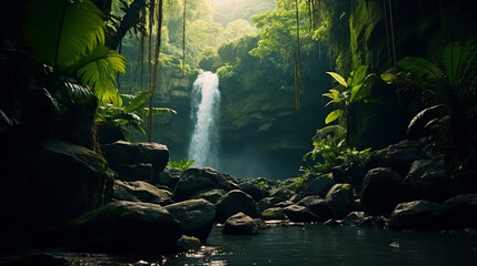 A waterfall in the middle of a tropical forest