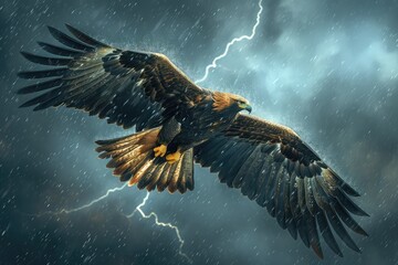golden eagle soaring through a stormy sky, lightning illuminating its wings
