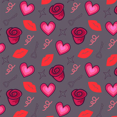 seamless pattern with love key kiss and hearts