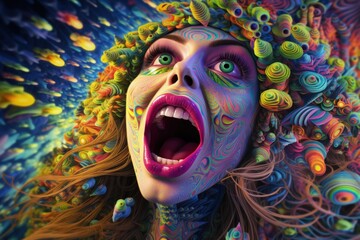 Woman experiences psychedelic trip with colorful drug pills. - obrazy, fototapety, plakaty