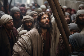 Jesus Christ via the cross, walking through the streets among a crowd of people with the cross on his back - obrazy, fototapety, plakaty