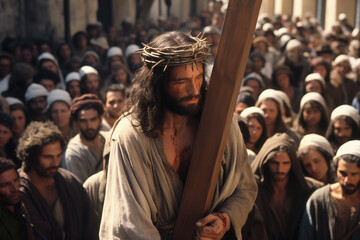 Jesus Christ via the cross, walking through the streets among a crowd of people with the cross on...