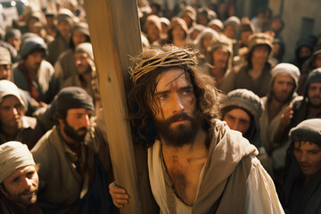 Jesus Christ via the cross, walking through the streets among a crowd of people with the cross on...