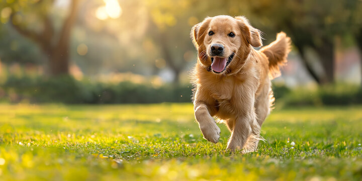Happy cute golden retriever running smiling across green lawn