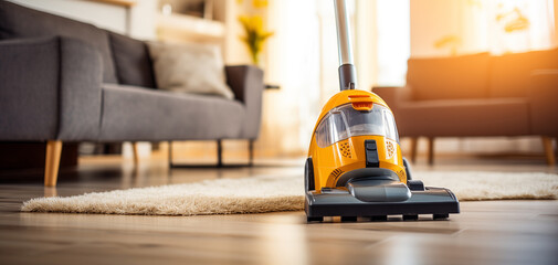 Fototapeta premium cleaning the floor and carpet with a vacuum cleaner at home, copy space. unchanging hygiene, bucket and lifestyle concept