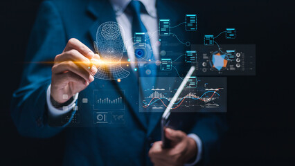 Businessman touch automated data management system to create reports with KPIs and indicators connected to the database. Data analysis with intelligent AI robot technology in business analysis.