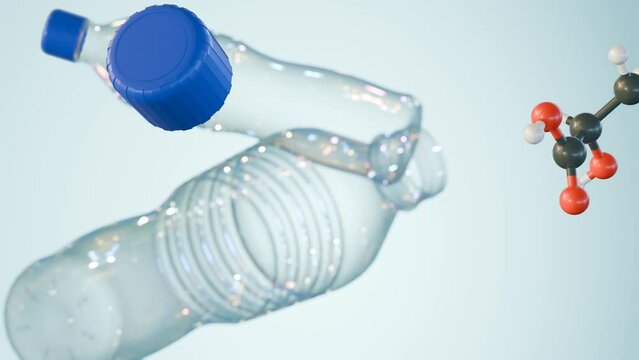 3d animation of lactic acid molecules float to blue plastic water bottles on the light blue background