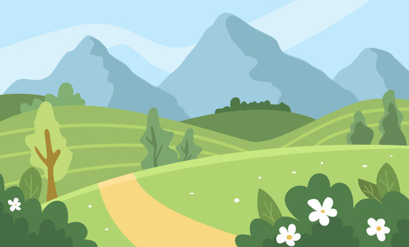 Summer Landscape Scene with Trees, Mountains, Fields, Flowers. Vector Illustration in Flat Style.