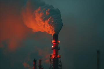 Power plant with smoking chimneys. Factories release CO2 into the atmosphere