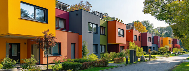 Moderne Häuser in einer Wohnsiedlung mit einer Straße
an einem sonnigen Tag