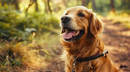 Golden retriever dog in the park. Sunny summer day. Close-up portrait. Copy space.