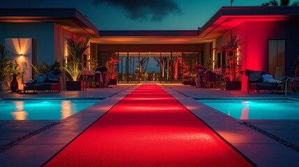 A celebrity pool party with a red carpet entrance