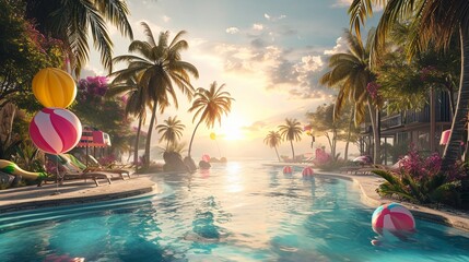 A tropical paradise pool party for kids, complete with palm trees, tropical drinks, and beach ball games