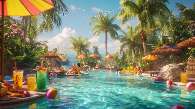 A tropical paradise pool party for kids, complete with palm trees, tropical drinks, and beach ball games
