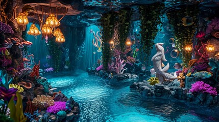 An underwater-themed pool party with mermaid and sea creature decorations, creating an aquatic wonderland