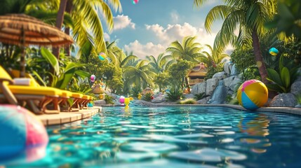 A tropical paradise pool party for kids, complete with palm trees, tropical drinks, and beach ball games