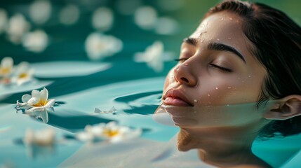A serene image of a beautiful woman enjoying a spa day, submerged in a crystal-clear pool with floating flower petals