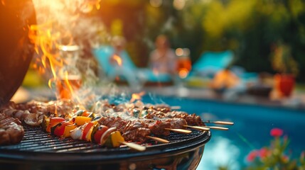 A poolside barbecue party with sizzling grills, delicious aromas, and casual summer vibes - obrazy, fototapety, plakaty