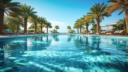 Fototapeta na wymiar The shimmering surface of a luxurious swimming pool surrounded by palm trees and lounge chairs