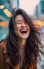 A young woman laughs joyfully - obrazy, fototapety, plakaty