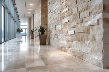 a modern interior design with beige stone panels on wall style inspiration ideas