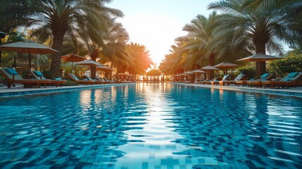 Fototapeta premium The shimmering surface of a luxurious swimming pool surrounded by palm trees and lounge chairs