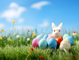 Easter eggs and bunny in the grass and background with sky