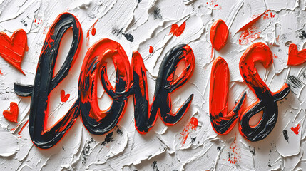 The inscription Love is drawn with red oil paint on a textured white surface.