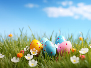 Fototapeta na wymiar Easter eggs in the grass and background with sky