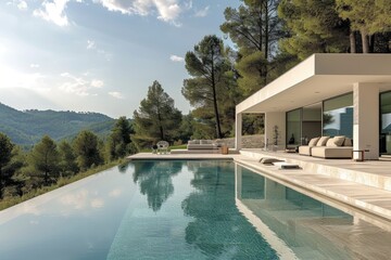 Fototapeta na wymiar a pool backyard at modern minimalist house with a modern sofa ideas style inspiration