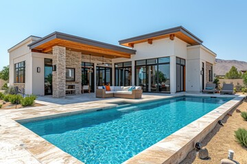 Fototapeta premium a pool backyard at modern minimalist house with a modern sofa ideas style inspiration
