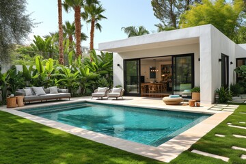 Fototapeta premium a pool backyard at modern minimalist house with a modern sofa ideas style inspiration
