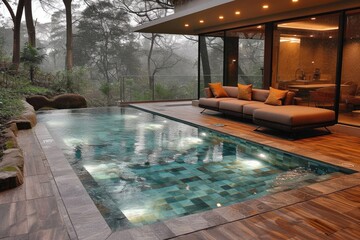 a pool backyard at modern minimalist house with a modern sofa ideas style inspiration