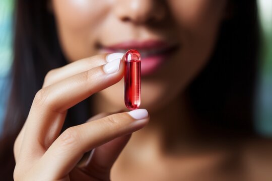 Asian Woman Taking Dietary Supplement For Treatment At Home.