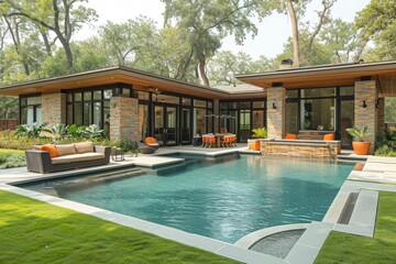 Fototapeta premium a pool backyard at modern minimalist house with a modern sofa ideas style inspiration