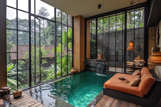 a pool backyard at modern minimalist house with a modern sofa ideas style inspiration