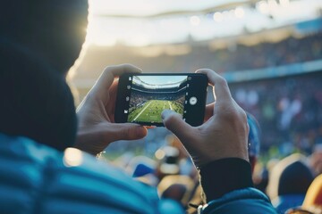 A hand with a smart phone in a stadium, during a sports event - obrazy, fototapety, plakaty