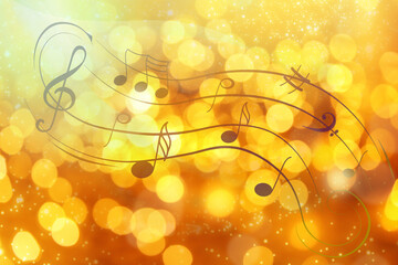 Music notes on golden background, bokeh effect