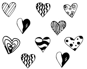 Vector pattern illustration , graphic design , hand drawn flat style hearts background wallpaper black  isolate on white for your design ,Valentine's Day, love , small and cute hearts for prints	