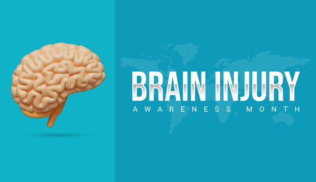 Brain Injury Awareness Month typography with brain on blue background. Suitable for greeting card, poster, flyer and banner