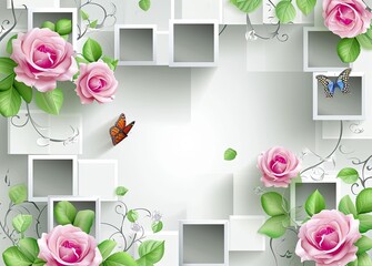 green and pink roses on cubes with butterflies flying in the breeze vector, in the style of recycled material murals, light white and light gray, ultra hd, use of common materials.