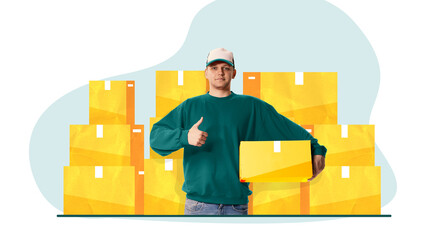 Contemporary art collage. Delivery man with cap giving thumbs-up, like while holding parcel, with package backdrop. Concept of express package delivery promotions, guarantee for customers.