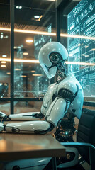 A futuristic robot sitting at a desk, deeply engaged in solving a complex logical puzzle with holographic projections