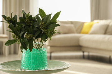 Mint filler with green branches in glass vase on table at home, space for text. Water beads