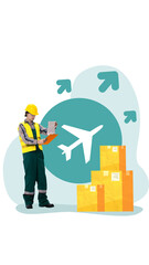 Contemporary art collage. Worker in safety gear checking clipboard against background with airplane and recycling arrows graphic. Concept of packaging standards in air transit, air transportation. Ad