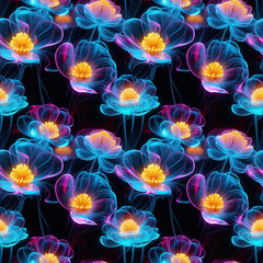 Seamless pattern with flowers. Glowing puff flowers