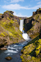 Long exposure view of famous waterfalls of river Skógá. Skógafoss. Magnificent Iceland in august. Fimmvörðuháls Hiking Trail. Popular Travel destinations. 