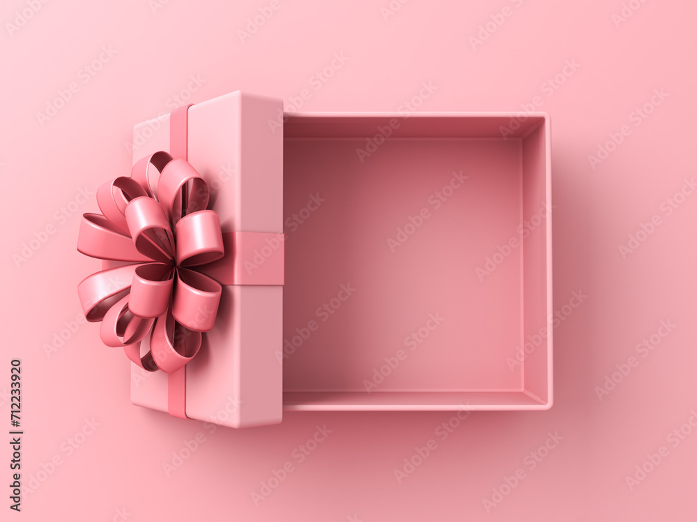 Poster Blank pink gift box open or top view of present box tied with pink ribbon bow isolated on pink pastel color background with shadow minimal conceptual 3D rendering