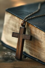 Closeup of wooden Christian cross necklace and holy Bible. - obrazy, fototapety, plakaty