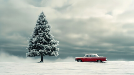 a snowy landscape with a single green tree covered in snow and a red vintage car parked beside it under a cloudy sky.